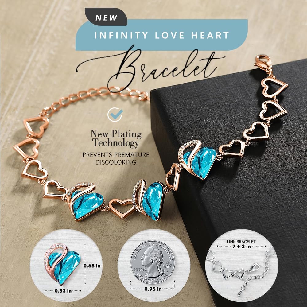 Leafael 18K Rose Gold Plated Love Heart Link Bracelet with Healing Stone Crystal, Jewellery Gifts for Women, 7" Chain + 2" Extender - Image 3