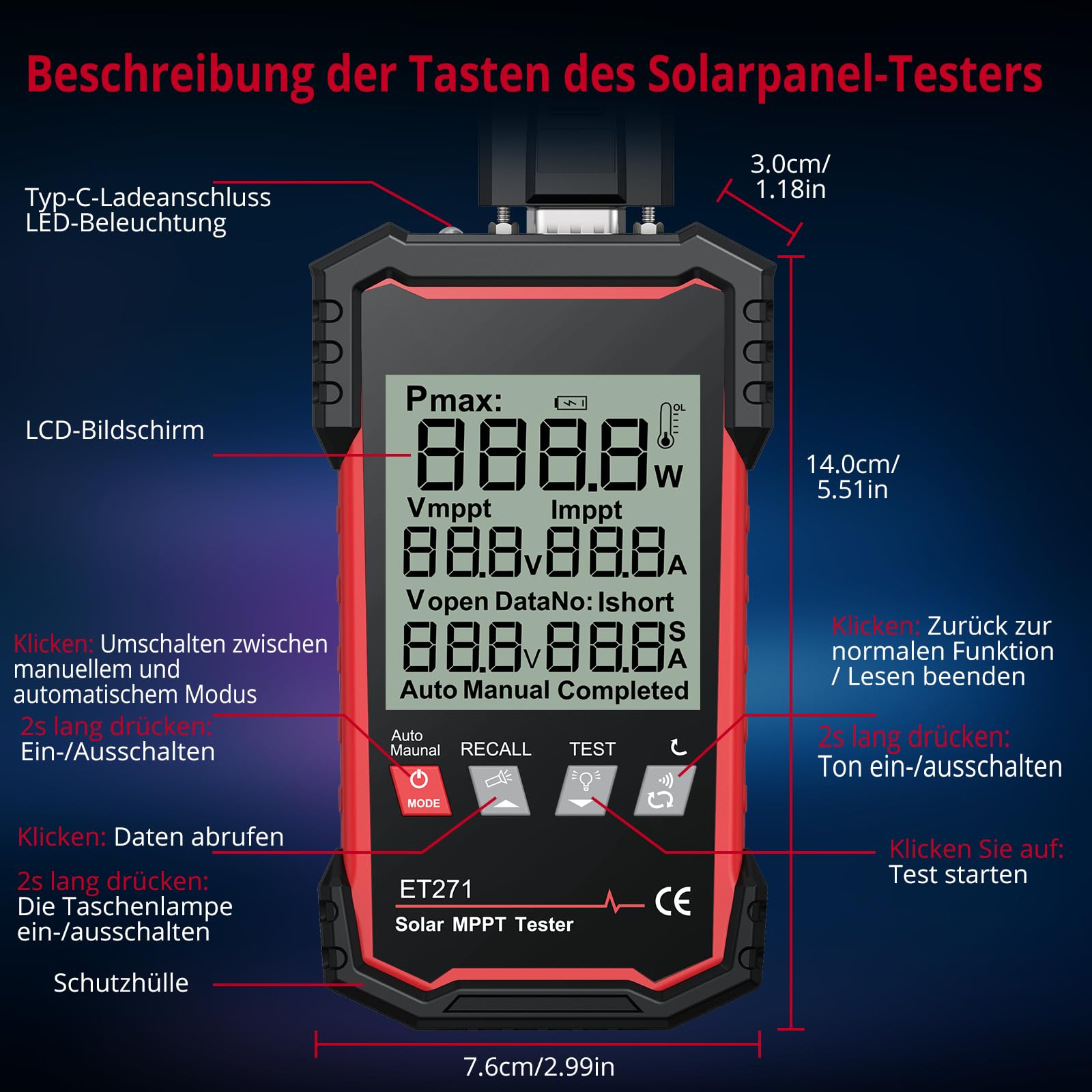XUNTOP Photovoltaik Solarpanel Tester 2000W MPPT Tester Photovoltaik Multimeter 士1.5% Mit LCD Display für Solar PV Anlage Solarmodul Tests
