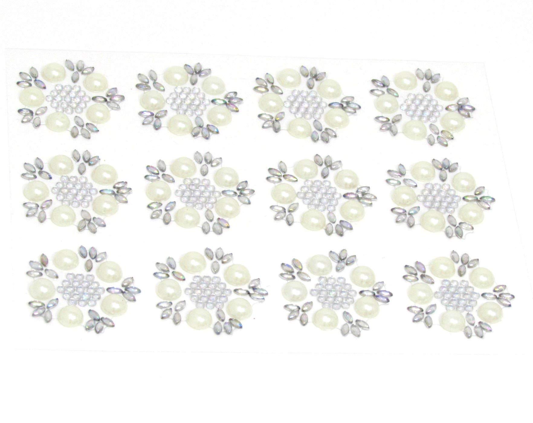 Syntego White, Iridescent 12 X Self Adhesive Round Flower Pearl And Ab Diamante Embellishment Stick On Gems By