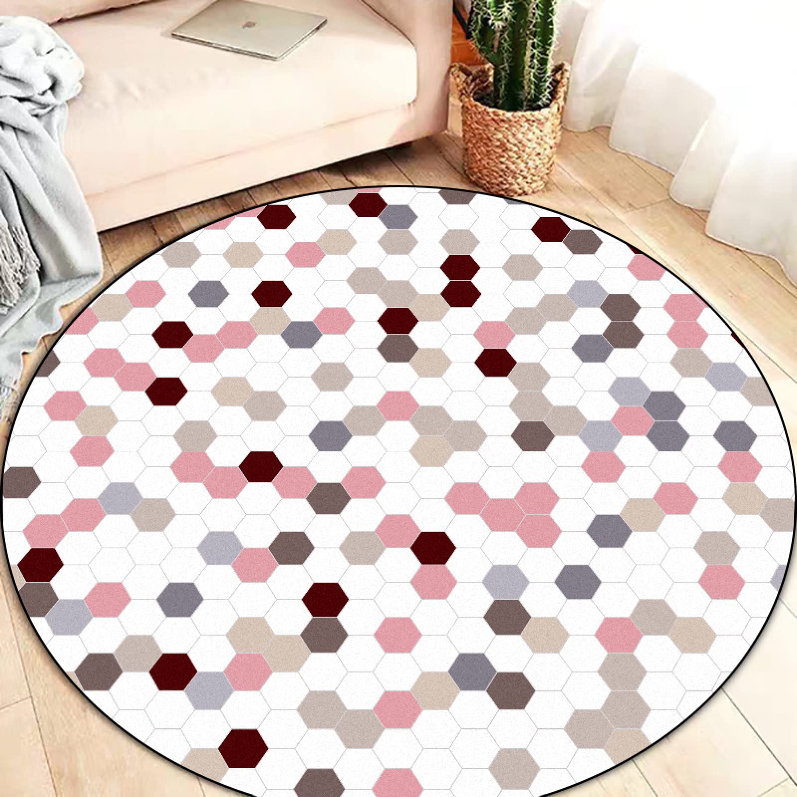 Eco Friendly Duży Okrągły Dywan Różowy szwy w kratę Antypoślizgowe Okrągłe Dywany do Sypialni Salon Przedszkole Decor ø 80 cm