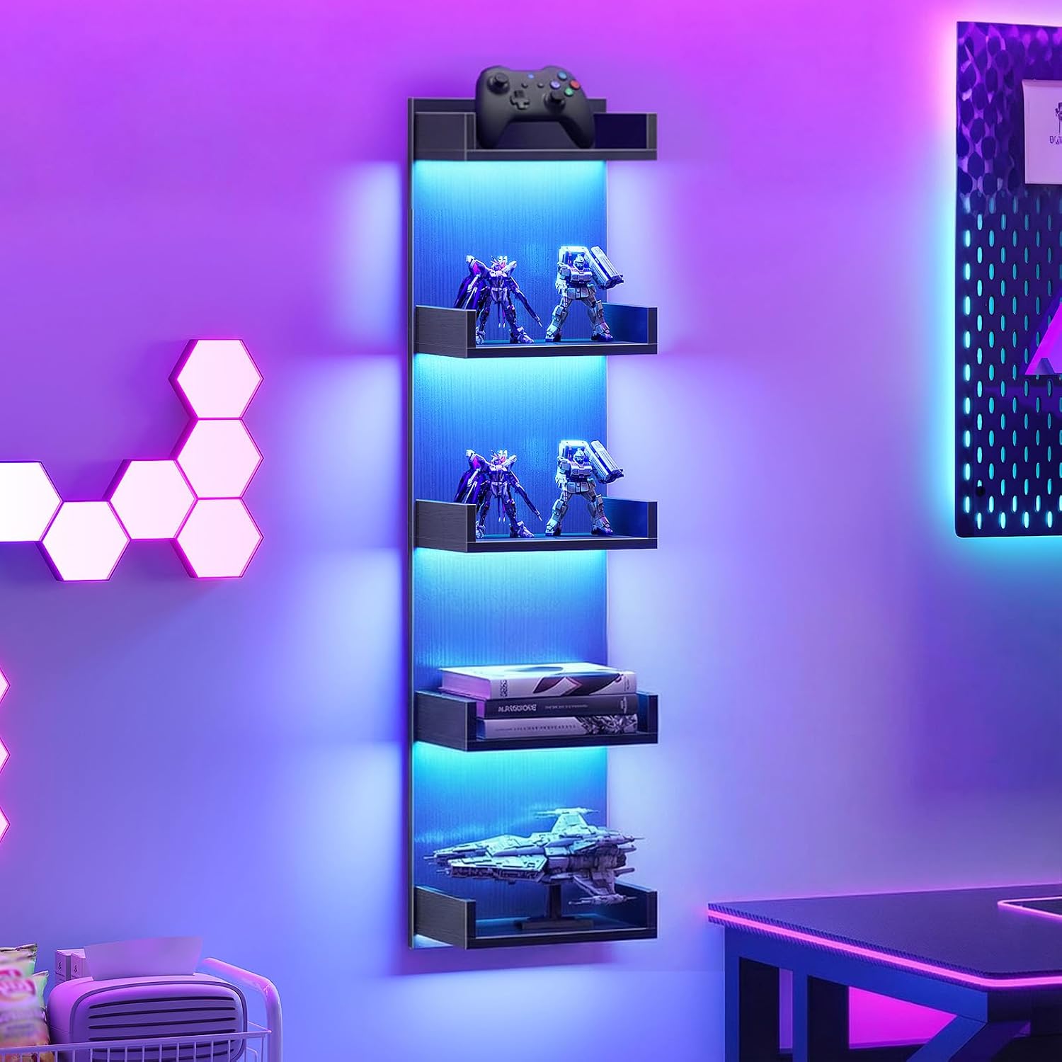 HOOBRO Floating Wall Shelf with LED Lights, Floating Shelf Wall Mounted for Storage, Vertical Display Stand, Modern Column Rack, for Bedroom, Livingroom, 5-Tier, 45.7 Inches, Black, BK51DBJ01N1
