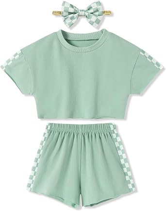 SANMIO Toddler Girl Clothes Summer 3 Piece Outfits Cute Short Sleeves Checkered Tops Shorts and Headband Girls Clothing Set
