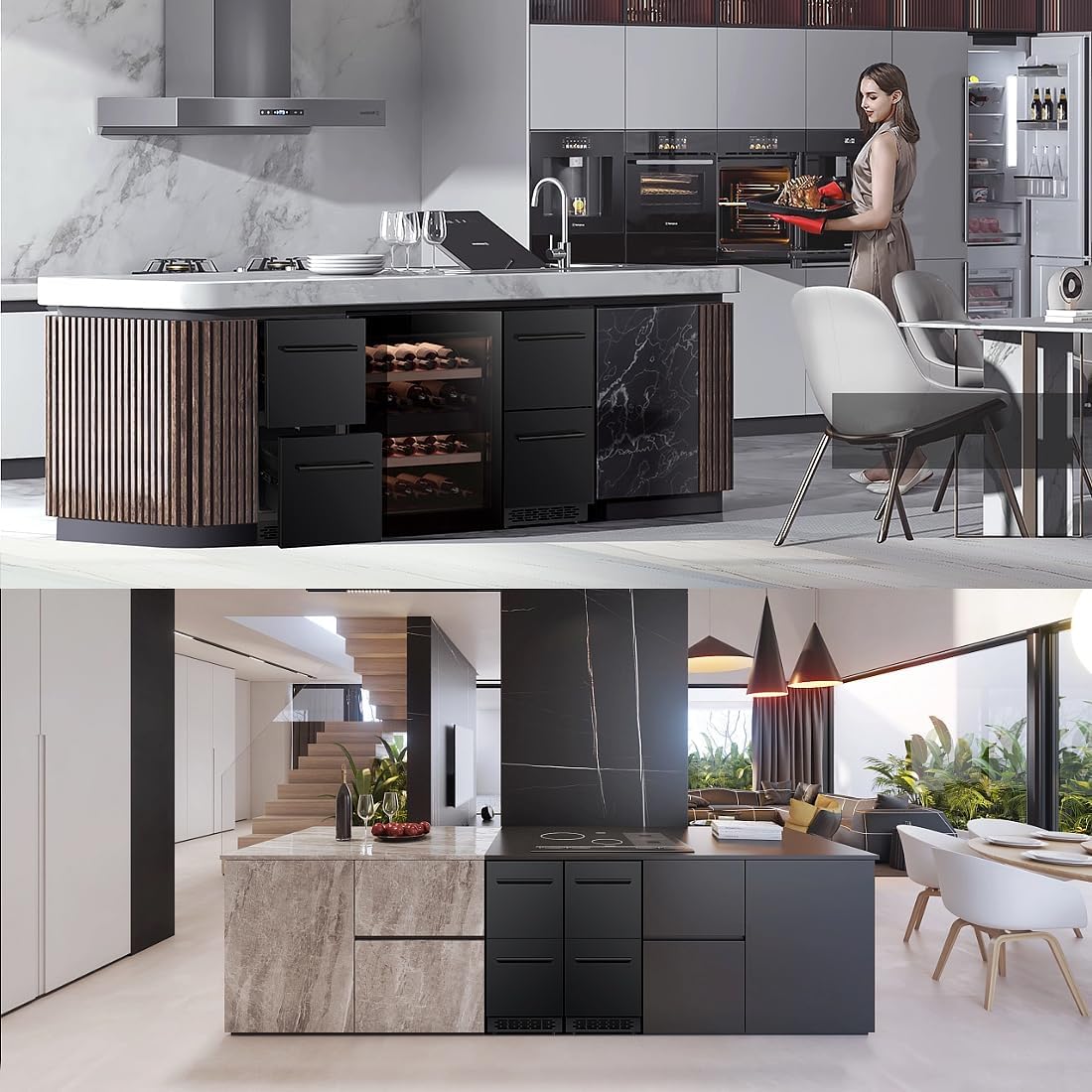 15 inch Double Drawer Drawer Refrigerator Under Counter Beverage Refrigerator, Indoor & Outdoor Fridge for Patio, Kitchen & Bar, Weatherproof, Black