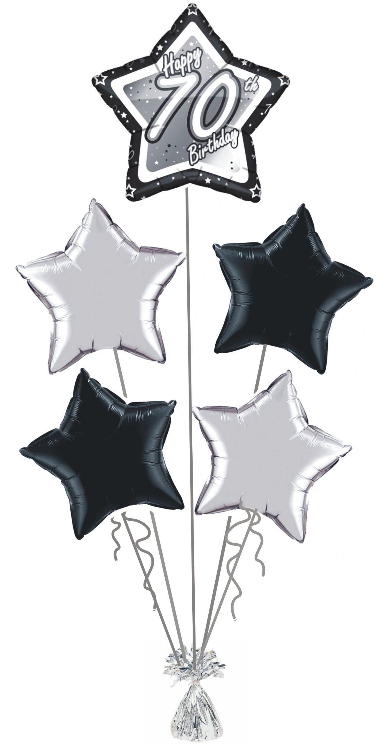 70th BIRTHDAY BLACK & SILVER STAR DESIGN FOIL HELIUM BALLOON DISPLAY