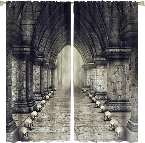 Cortinas góticas, velas de calavera de fantasía en habitación espeluznante oscura, cortinas de ventana para sala de estar, dormitorio, juego de 2
