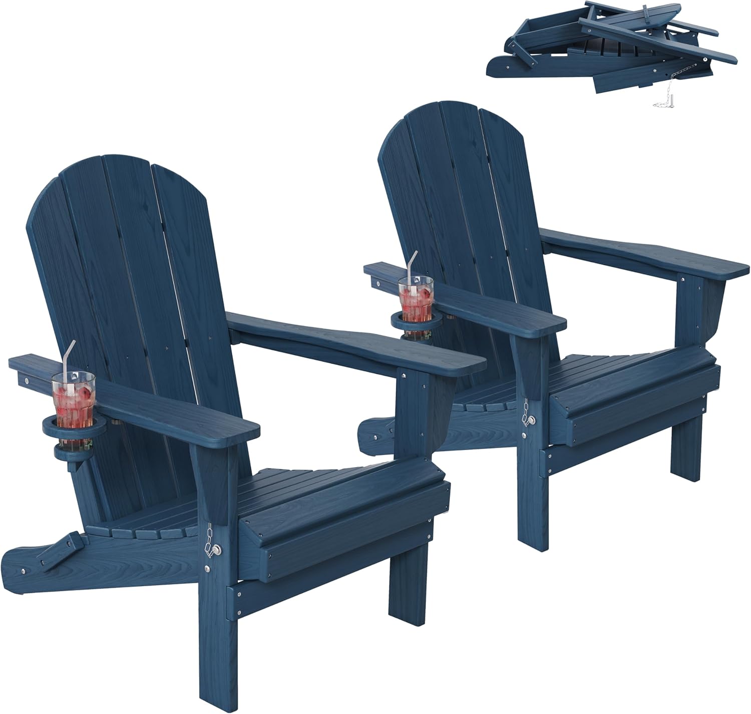 Outdoor Folding Adirondack Chair Set of 2 for Patio Fire Pit, Wooden Textured HDPE Adjustable Chairs with Cup Holder, Waterproof All Weather Resistant Plastic for Pool Lawn Garden Backyard(NavyBlue)