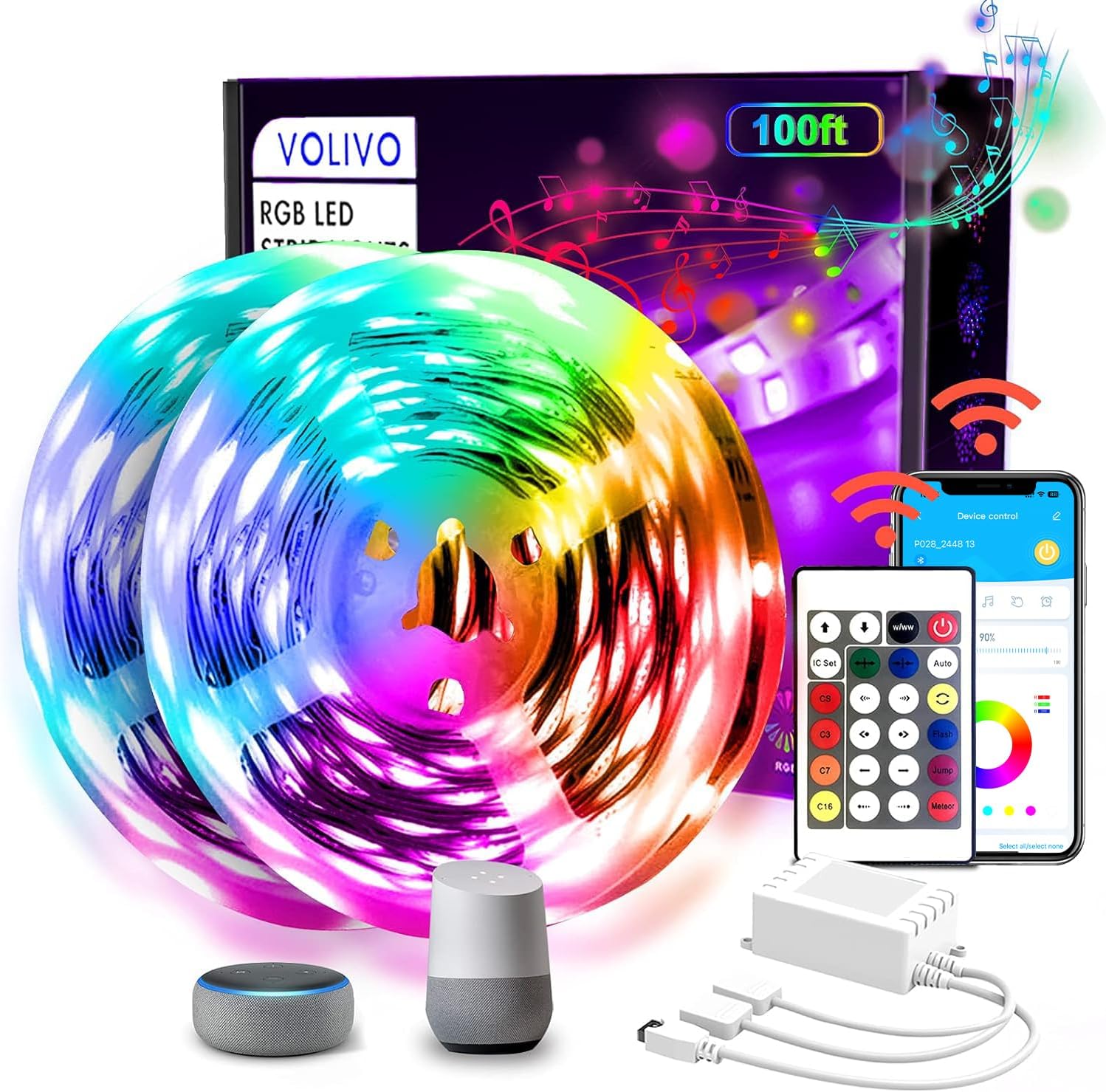 LED Strip Lights WiFi 100 FT, Compatible with Alexa and Google Assistant, 2 Rolls of 50ft RGB Led Light Strip, Music Sync Color Changing Lighting for Bedroom, Home, Kitchen, Party Decors