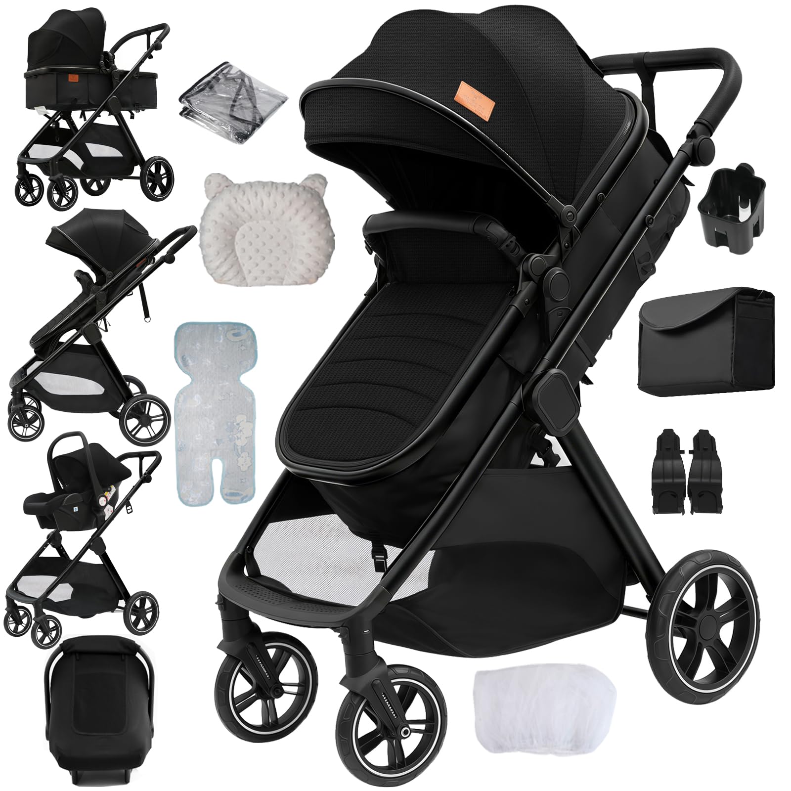 Passeggino 3 in 1, Trio Neonati da Viaggio Reversibile, Passeggino Pieghevole One-Click e Accessori Completi, Doppia Modalità di Freno per Ruote Anteriori e Posteriori