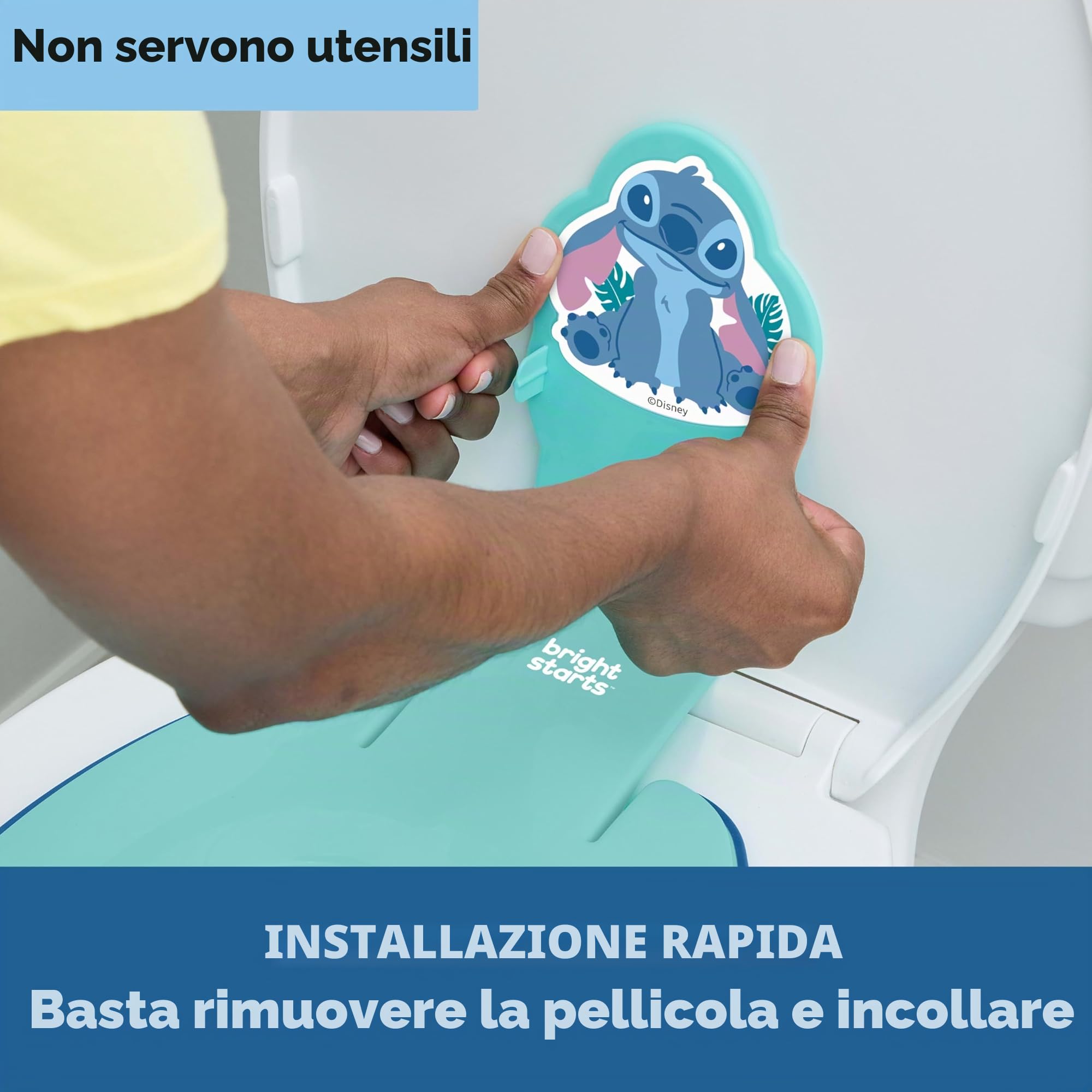 Bright Starts, Disney Baby Stitch Flip & Sit Riduttore WC Bambini, Sedile WC Sicuro con Maniglie Antiscivolo, Facile da Montare, Da 18 Mesi, Blu