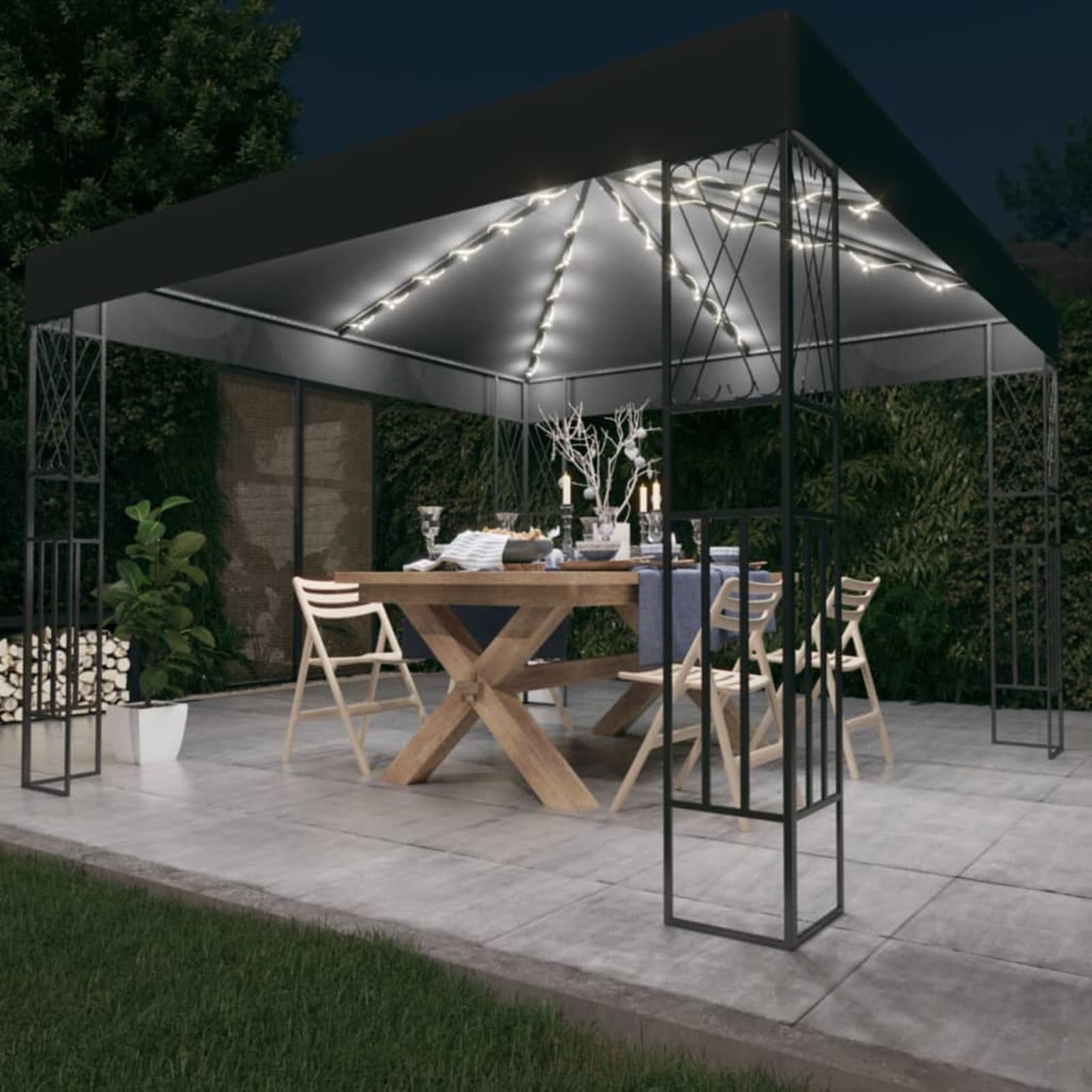 Pavillon mit LED-Lichterkette 3X Anthrazit Stoff Pop Up Pavillon Wasserdicht Stabil Winterfest