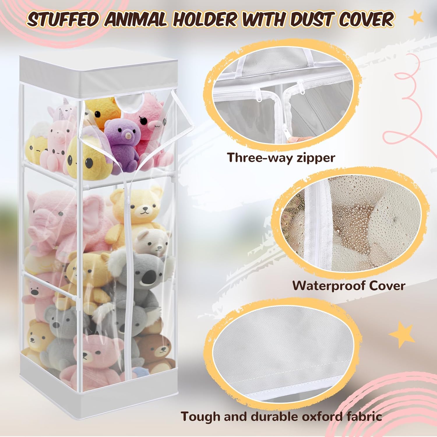 2-tier Plush Toy Stuffed Animal Storage Organizer with Zippered Large Stuffed Toy Holder PVC Waterproof Dustproof Cover 47. 2 Inch Stuff Animal Organizer Holder for Nursery (White)