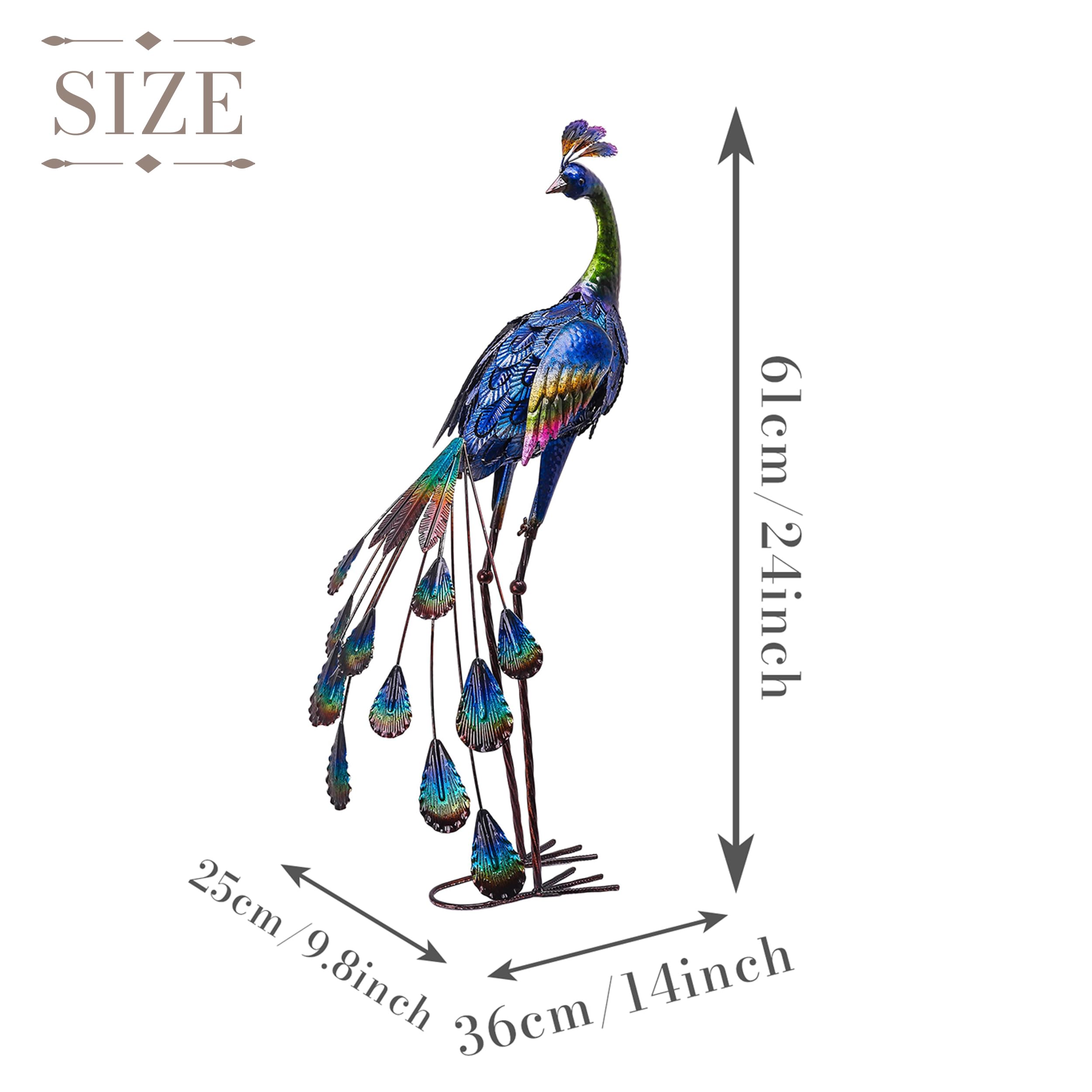 TERESA'S COLLECTIONS Gartendeko für draußen, 61cm große Gartenstatue, Pfau, aus Metall, Skulpturen, stehend, für drinnen und draußen, für Dekoration von Rasen, Terrasse,Geschenke für Frauen