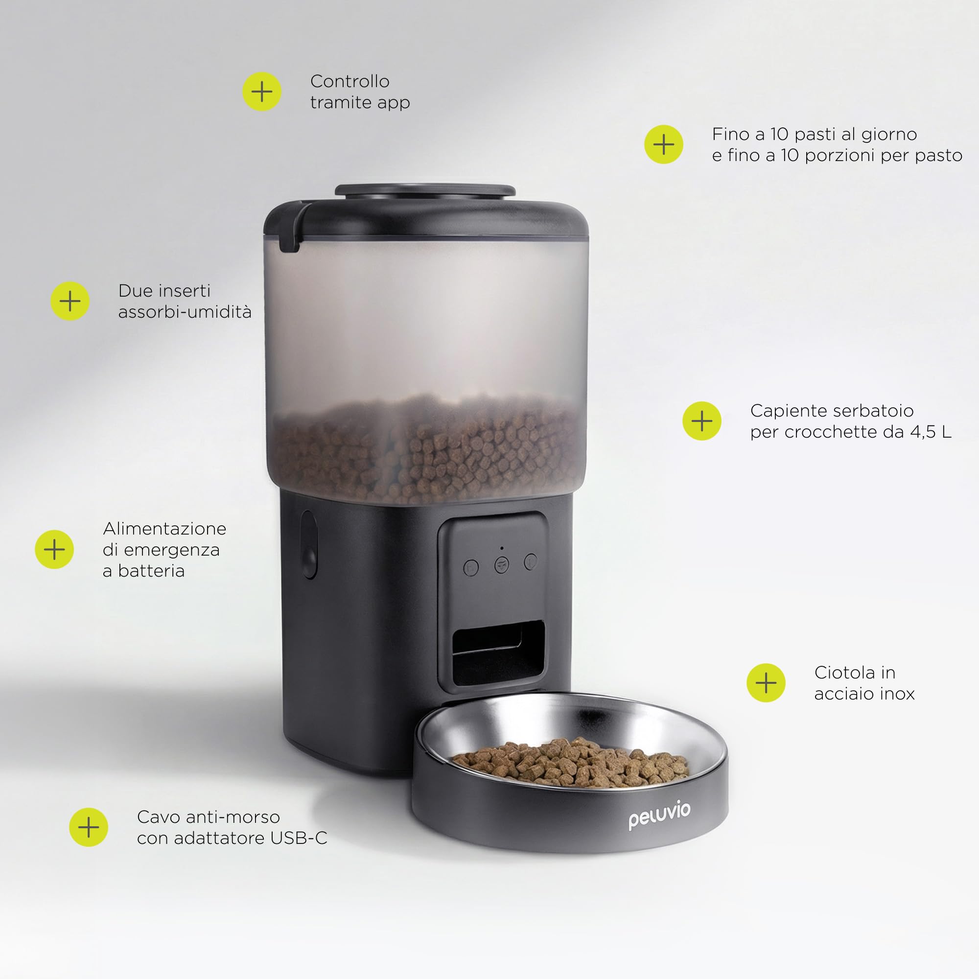 CRISPY WI-FI Distributore Automatico Cibo Gatti e Cani WiFi con App, 4,5 L, Programmabile Timer e Porzioni, Registrazione Vocale, Ciotola in Acciaio Inox, Cavo e Batterie, Cavo 2,5 m (Nero) | Per Cani e Gatti, App, Timer e Porzioni Programmabili, Registra