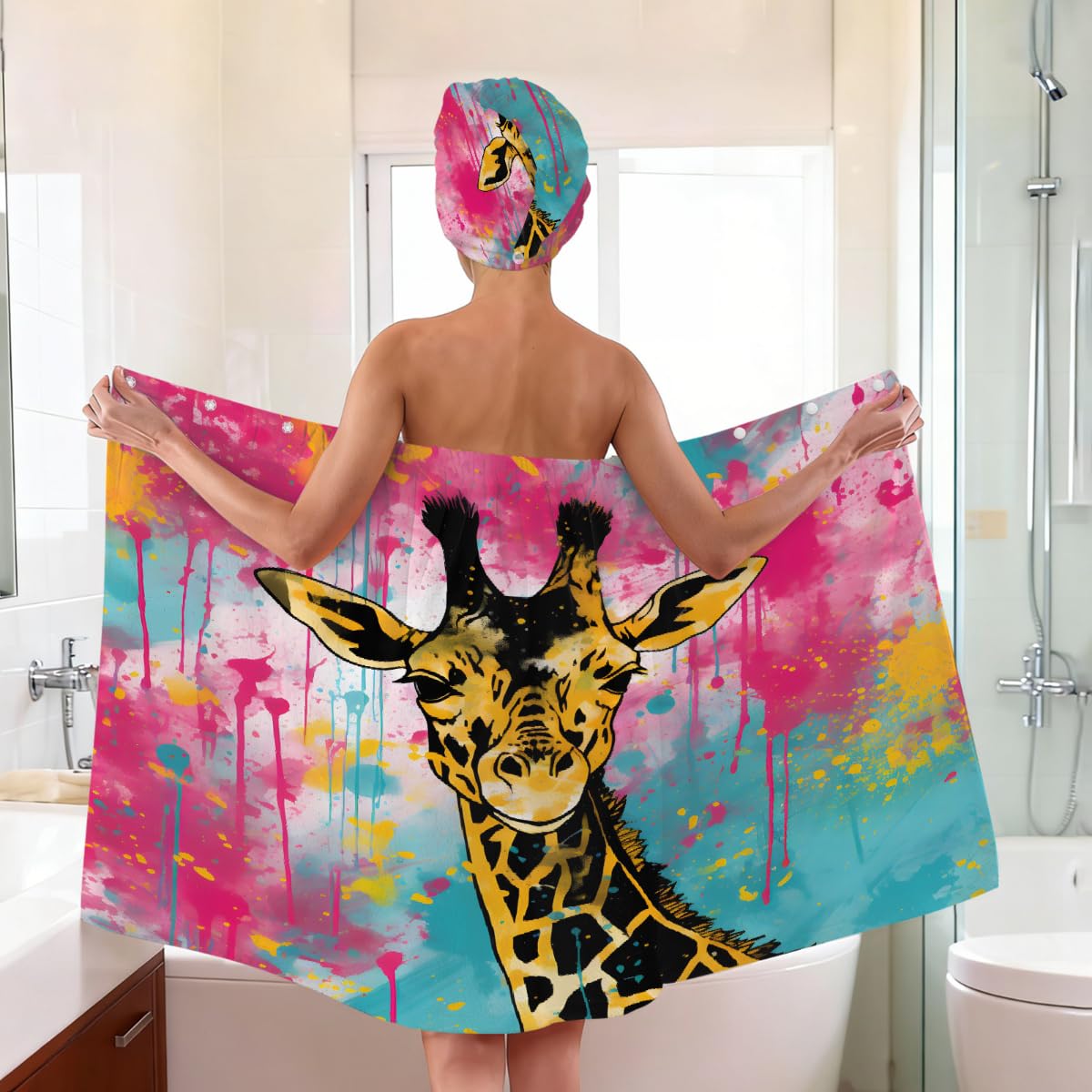 Mikrofaser-Duschtuch für Damen, mit Haarhandtuch, Aquarell-Giraffe, weiche Körperwickel, Kleid mit Haartrocknungskappe für Strand, Pool, Spa, 2 Sets
