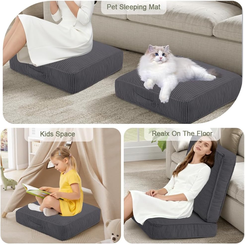 Floor Pillow for Adults, 4" Square Floor Cushions with Washable Cover, Large Corduroy Meditation Pillow, 22 inches Tatami Seat with Handle for Living Room or Yoga, Dark Grey
