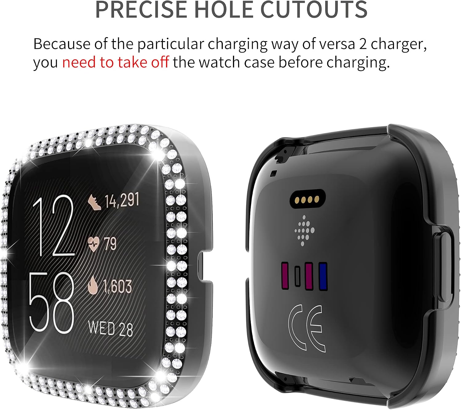 RICHONE Compatible with Fitbit Versa 2 Case, Bling Diamonds Cover with 3D Tempered Glass Screen Protector (Versa 2, Black)