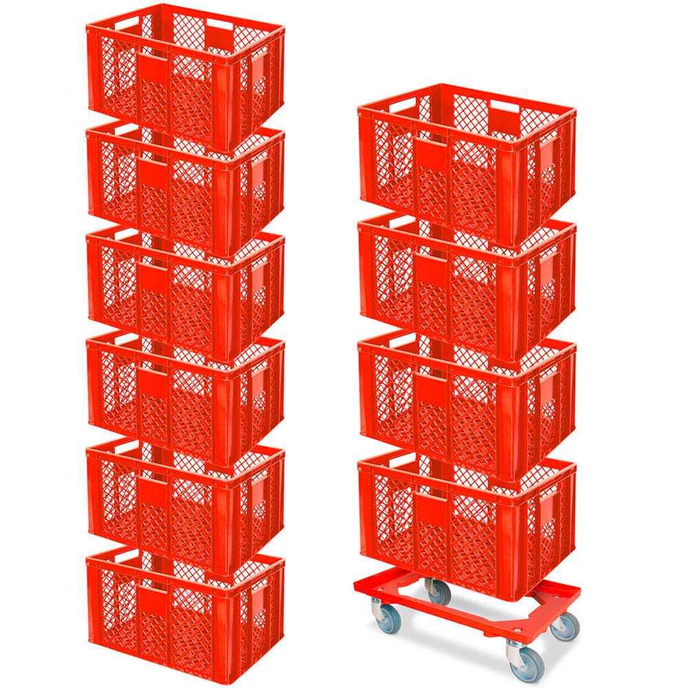 BRB Juego de 10 contenedores apilables europeos con ruedas de transporte, 600 x 400 x 320 mm, calidad industrial, apto para alimentos, color rojo