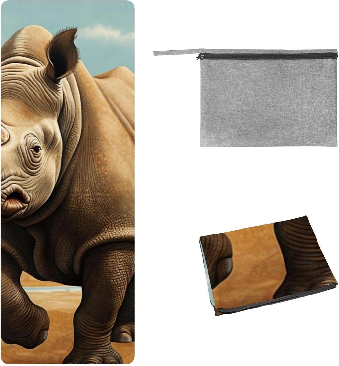 Yoga Towel, Rhino Animal Print Non Slip Sweat Absorbent Hot Yoga Mat Towel for Hot Yoga, Pilates and Fitness - 72.8" x 26.8"