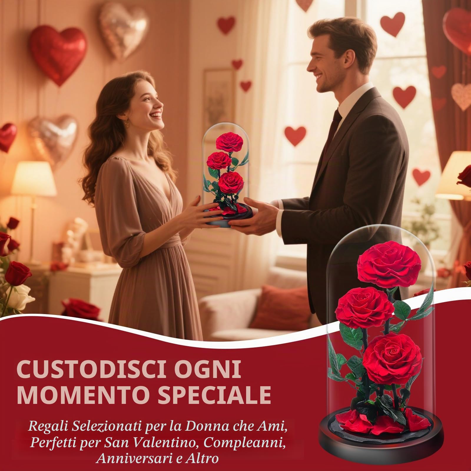 Rosa Stabilizzata Vera Regalo Donna in Cupola Vetro - Donna Regalo Compleanno, Rosa Eterna Idee Regalo Mamma Moglie Fidanzata Nonna, per San Valentino Anniversario Festa della Compleanno Natale