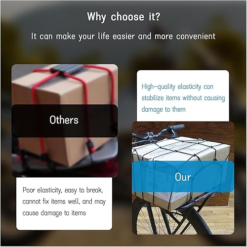 Miniatura 5 de Dickno 2 redes de carga para motocicleta, 15.7 x 15.7 pulgadas, red elástica de goma elástica que se estira a 31.5 x 31.5 pulgadas, red gruesa para