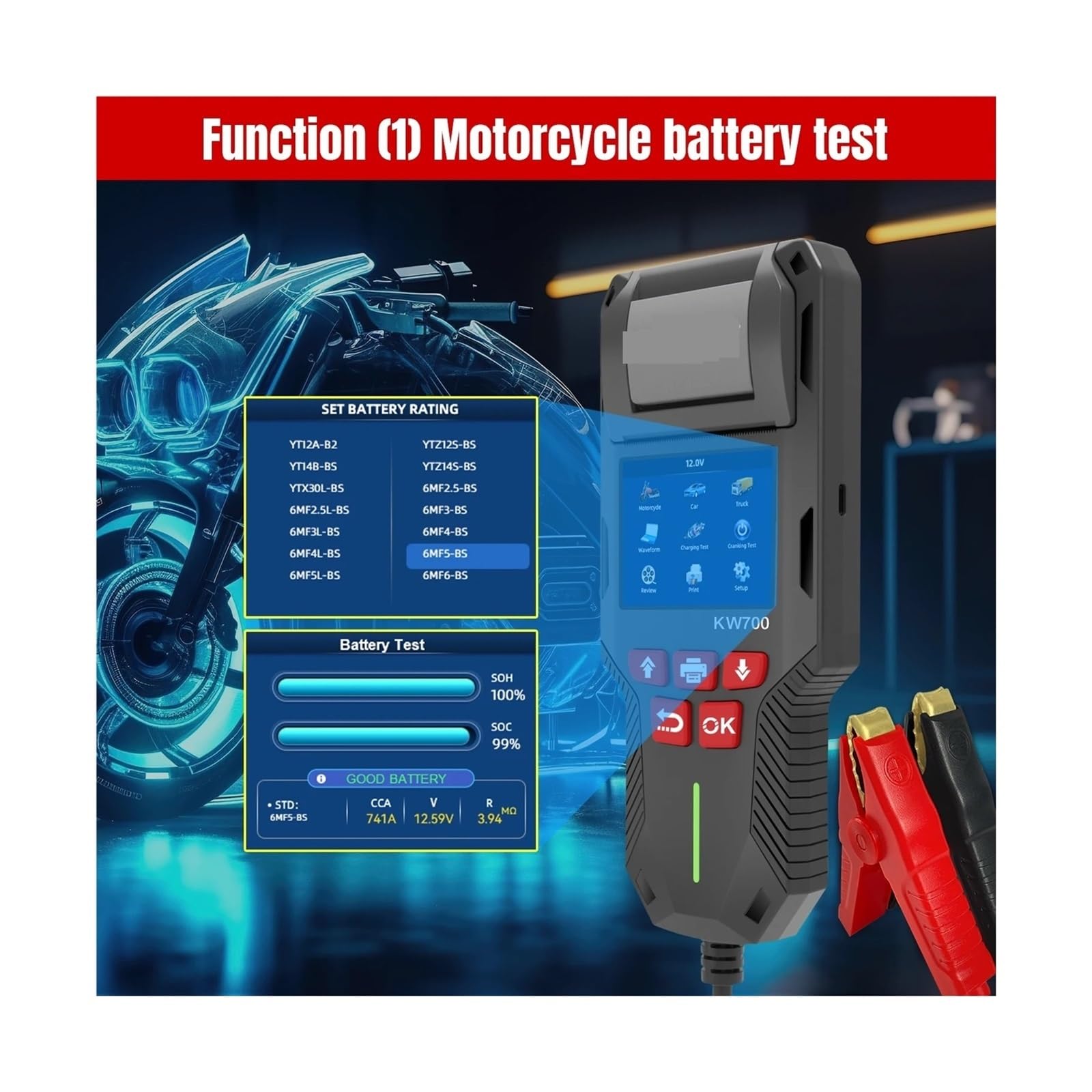 KW700 Tester akumulatorów samochodowych i ciężarowych z funkcją drukowania 12 V 24 V Analizator akumulatorów Test rozruchu Test ładowania 10-2000 CCA Rozrusznik Alternator