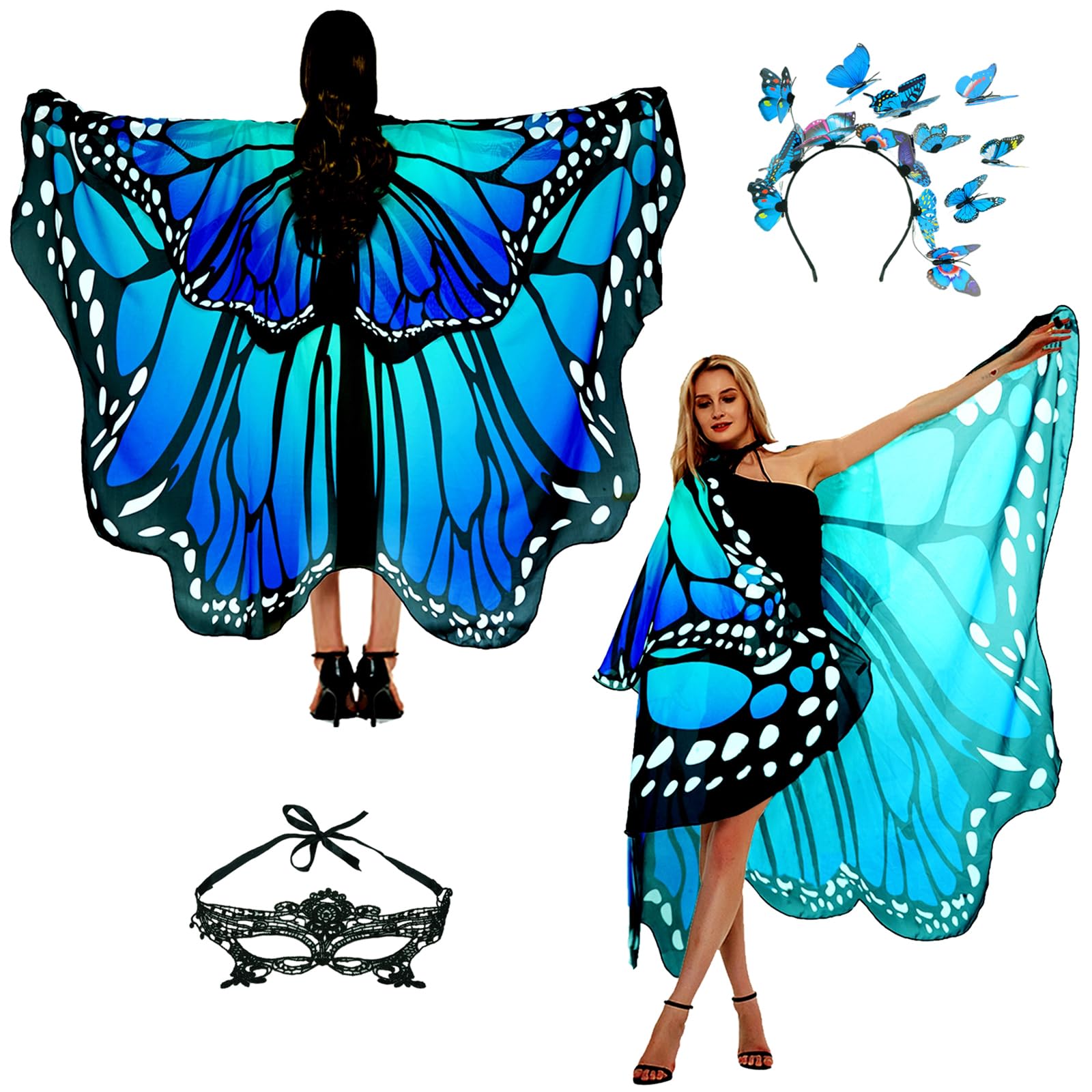 Butterfly Costume Women's Butterfly Wings Adult Two-Tier Carnival Costume Women's Butterfly Cape Fancy Dress Butterfly Costume Accessories Set of 3 Butterfly Headband Face Mask โ image 1