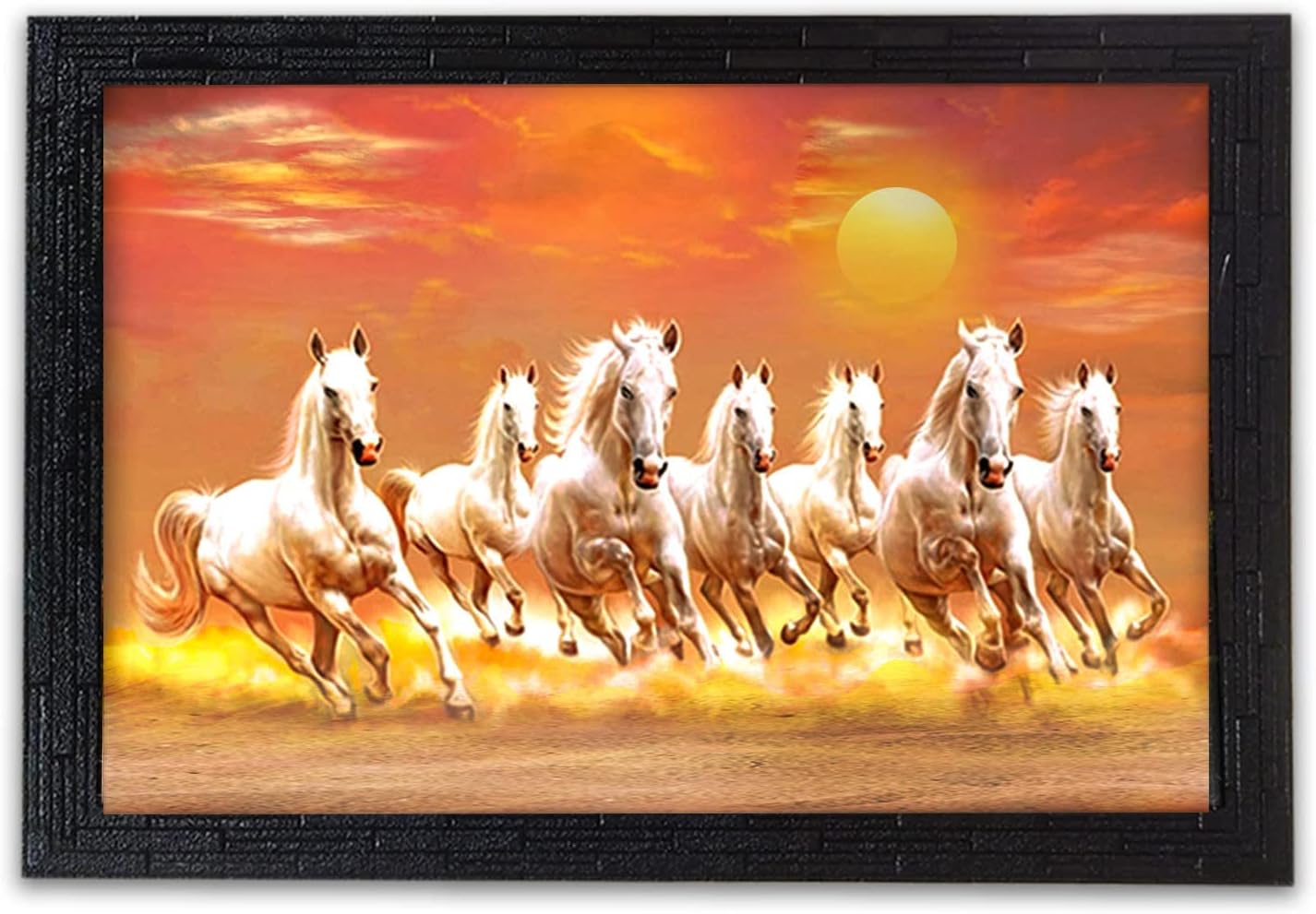 LIFEHAXTORE Xtore Seven Lucky Running Vastu Horses Art Framed Painting (Sunset Oranage, 12 Inch x 18 Inch) multicolor