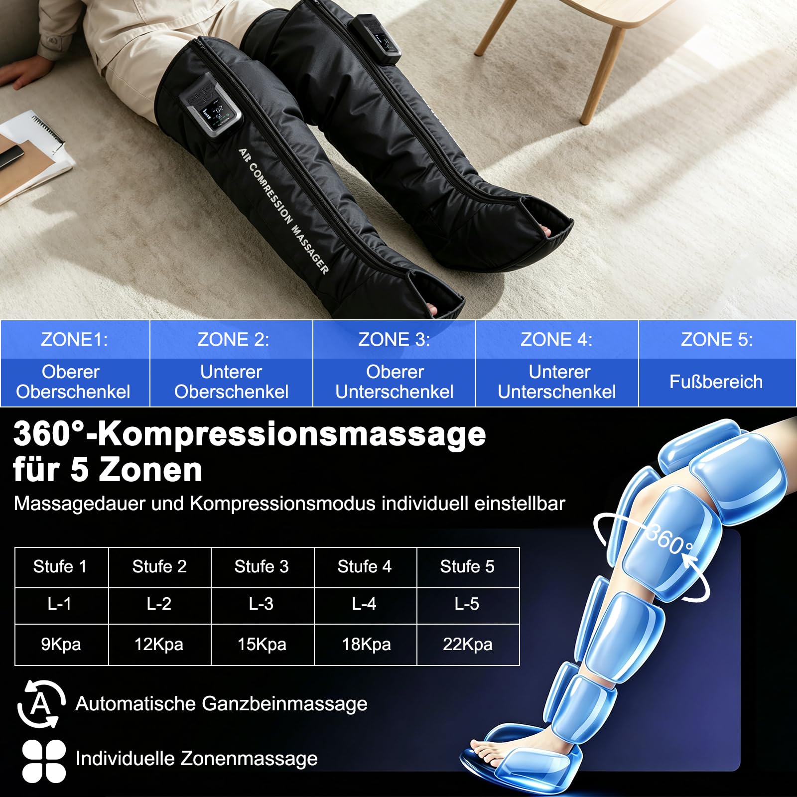 COOLWEST Beinmassagerät Luftkompression, Durchblutung Schmerz Waden (XL)