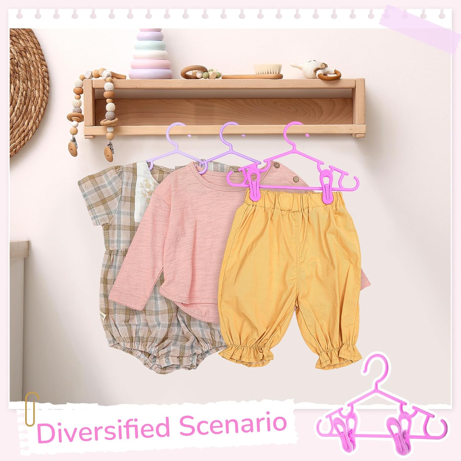 Hsei 5/10/40 Pack Baby Hangers with 10/20/80 Clips, Plastic Kids Pants Hangers for Nursery Closet Top and Bottom Clothes Hanger Set for Newborn Infant Toddler(30 Packs Total,Pink Series,10.6 Inch) - Image 6