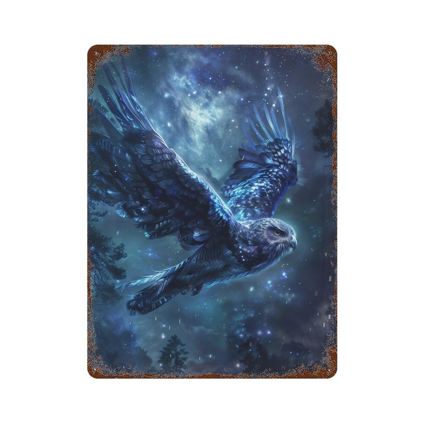 Blue Mistical Owl 15.7"x11.8" Vintage Rust Metal Sign, Decorative Metal Wall Art for Living Room, Hallway And Home Decor
