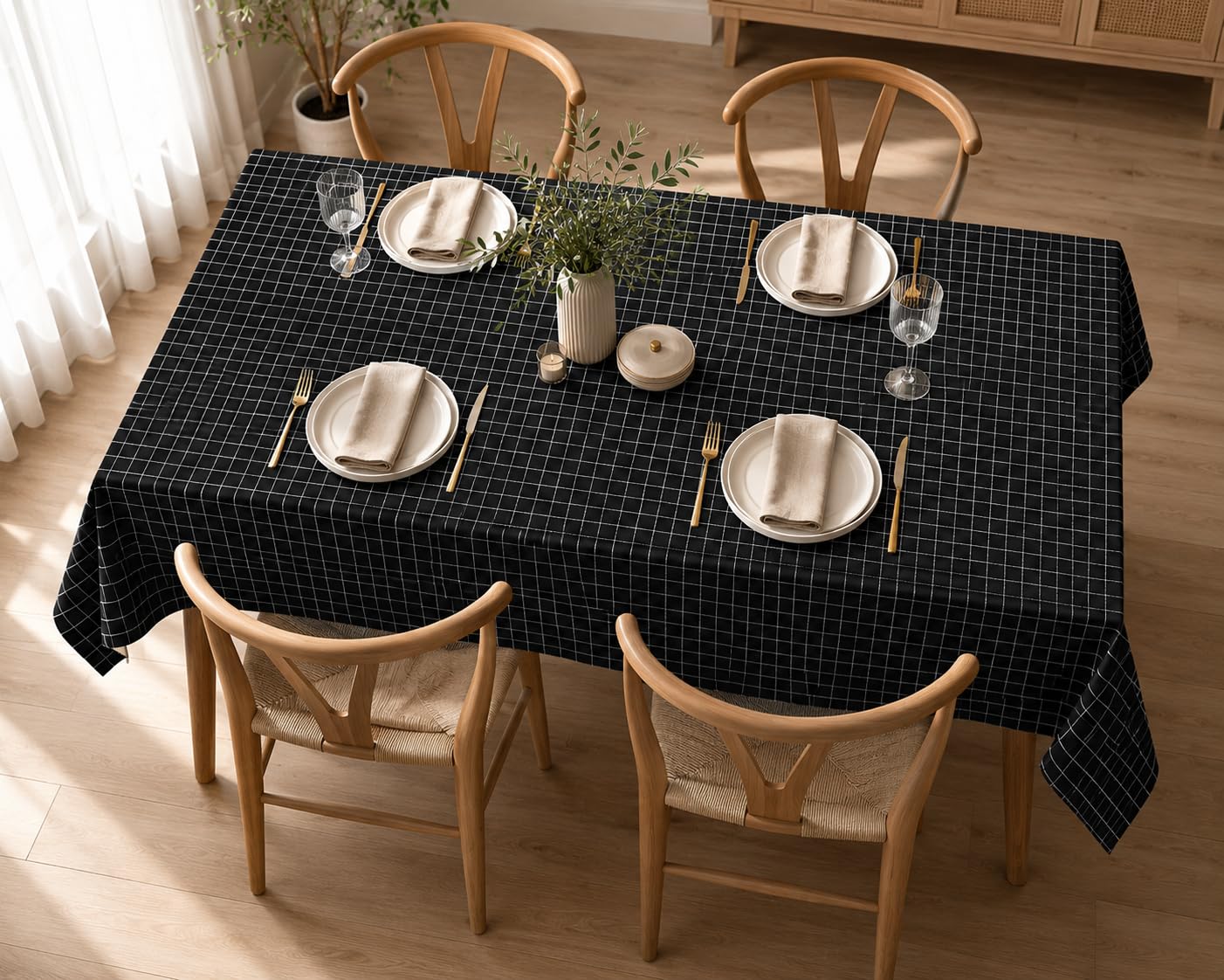 Waterproof Non Woven Rectangular Dining & Center Table Cover Cloth Pack of 1 | 40x60 Inches | Disposable & Reusable | Black Checks-image-45