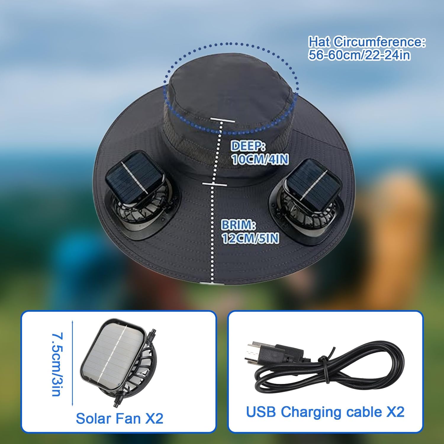 Solar Fan Hat, Wide Brim Sun Cap with 2 Solar Sun Protection Fans, USB and Solar Powered Fan Hat - Image 2