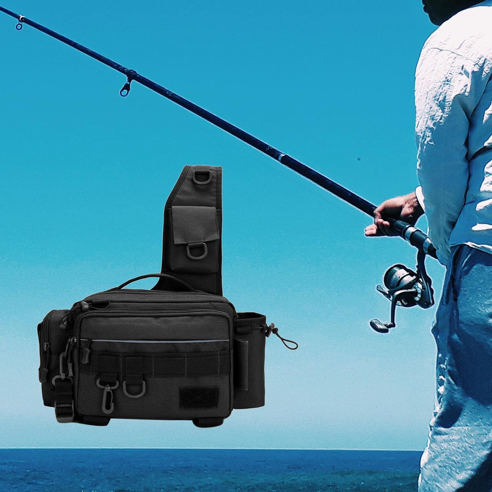 Zaino da Pesca, Borsa Portaoggetti Tattica da Cintura, Tracolla Imbottita E Traspirante, Porta Canna da Pesca, Tessuto in Nylon 600D, Adatto per Viagg