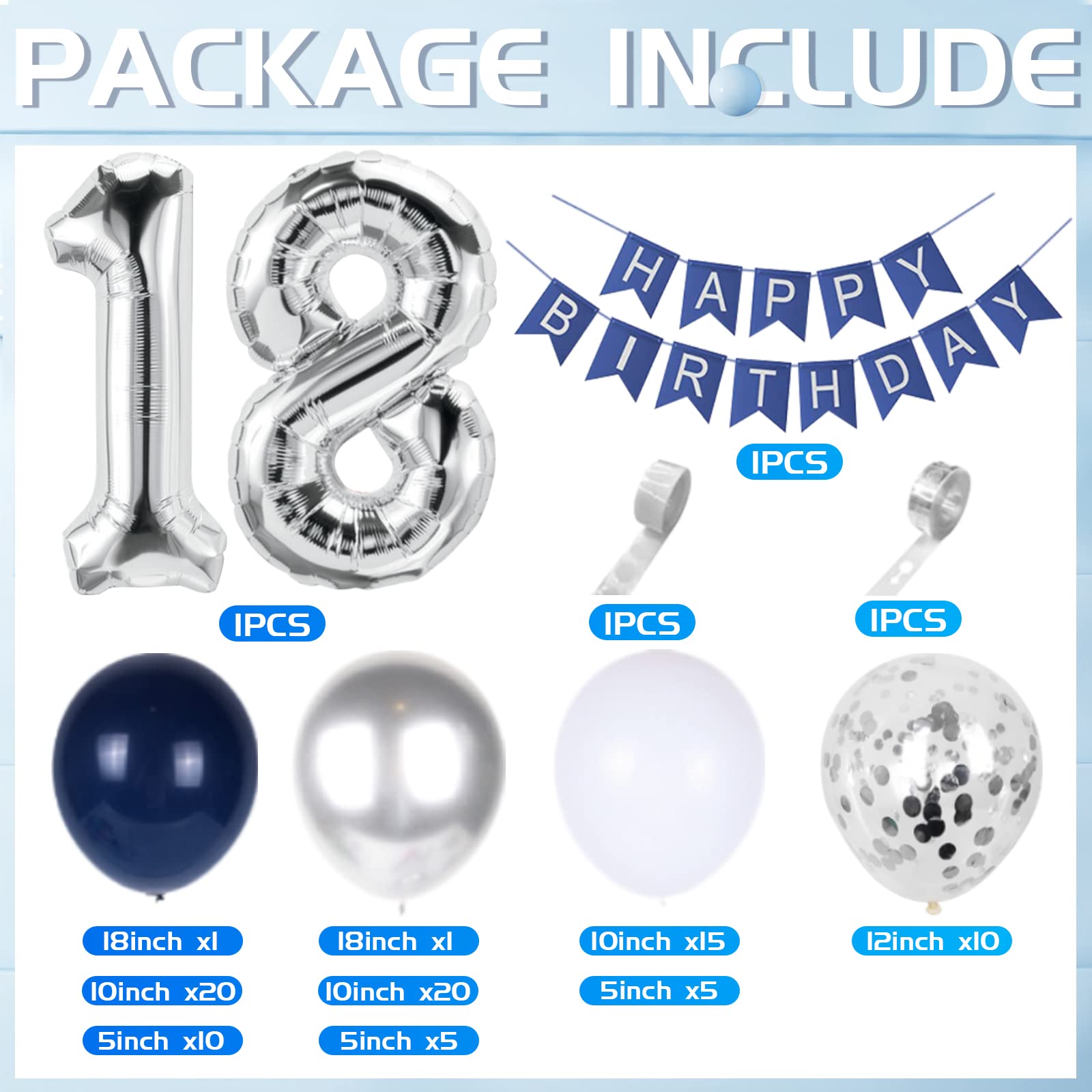 Weeyin 18e Verjaardagsdecoraties voor jongens en meisjes, met ballonnen, Happy Birthday-banners, folieballon met confetti Weeyin 18e Verjaardagsdecoraties voor jongens en meisjes, met ballonnen, Happy Birthday-banners, folieballon met confetti