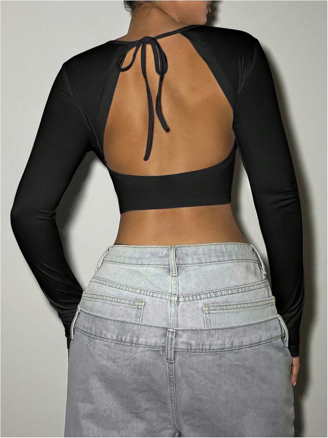 SOLY HUX Women's Y2k Tie Backless Crop Top Cut Out Deep V Neck Long Sleeve Party Club T Shirts - Image 2