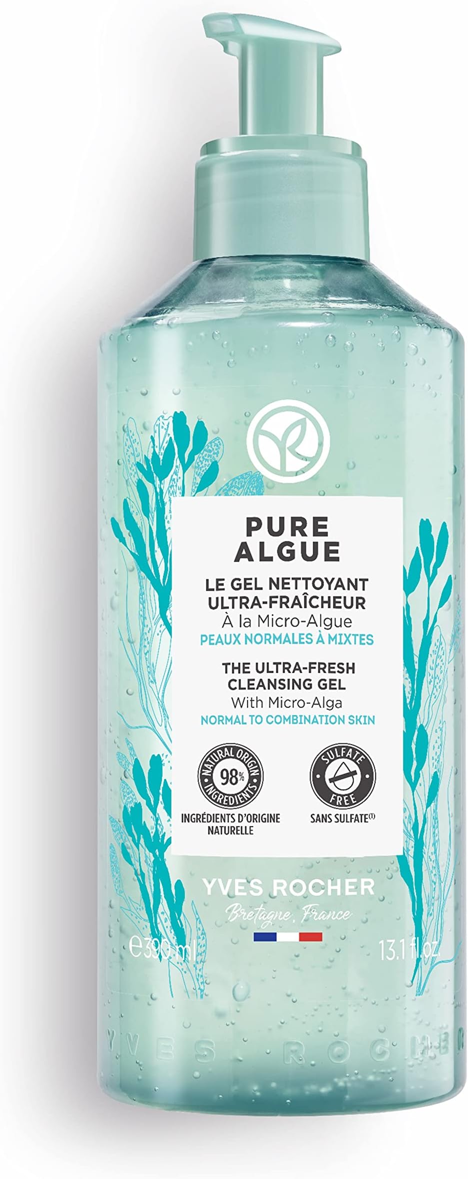 Pure Algue, ultra-refreshing cleansing gel, gently removes make-up and nourishes the skin, with micro-algae, 390 ml