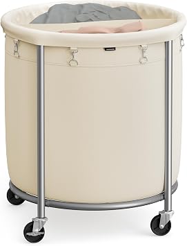 SONGMICS Laundry Basket, Rolling Steel Frame with 2 Locking Wheels, 240 L | Heavy-Duty Laundry Hamper Cart with Removable Bag, Cream White and Metallic Silver, URLS012W01