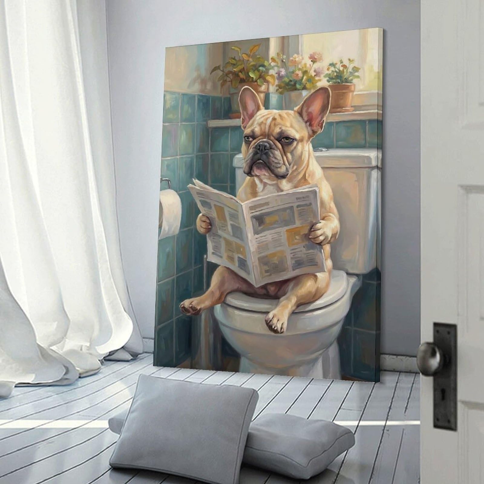 Junmoney Frame-Style-19 Canvas Art Print Bulldog Reading Newspaper On Toilet, 08X12inch(20X30cm), For Office, Study Or Home Workspace, Wall Art That Adds Style To Work Areas