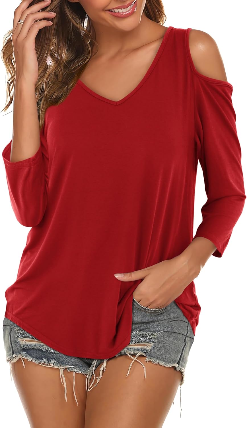 Amoretu Women's Short Sleeve Shirts Cold Shoulder Tops V Neck Blouse Tunic Shirts - Image 4