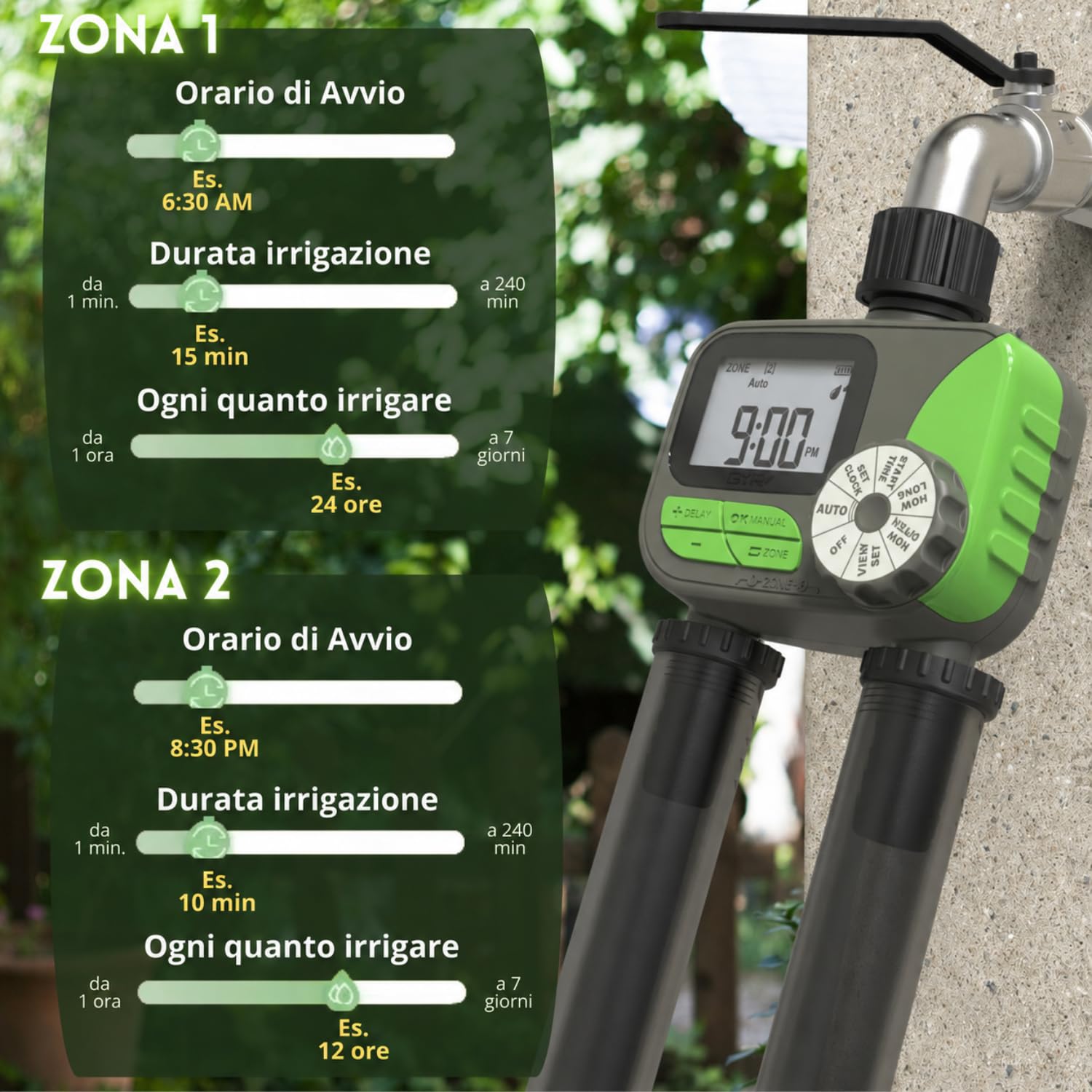 domyno Timer Irrigazione 2 Uscite Centralina Programmatore 2 Vie Temporizzatore irrigatore, funzione Pioggia, modalità Automatica e Manuale (2 vie (2 uscite))