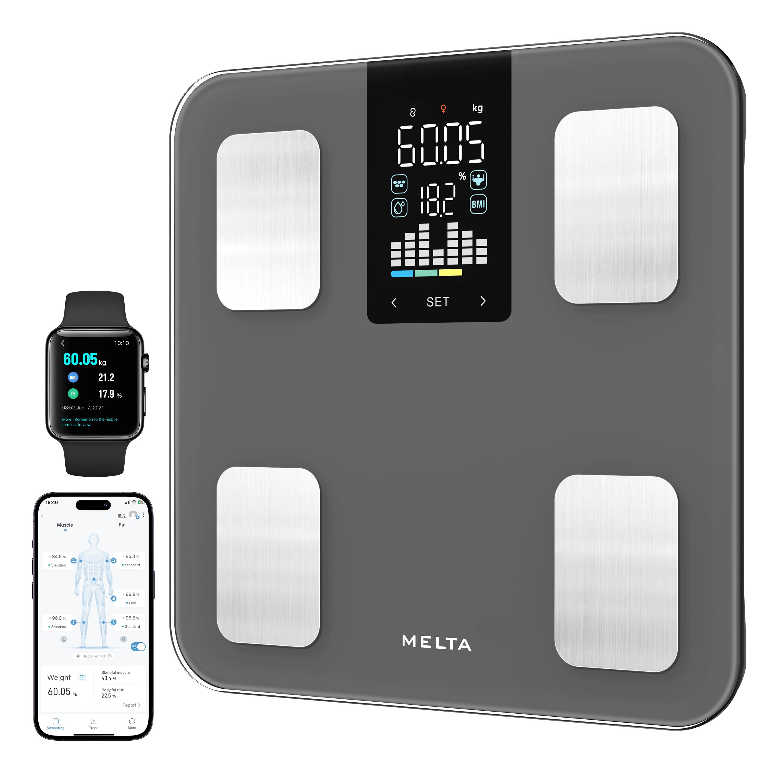 Pesa Persona Conectada MELTA. – Impedancia 15 Datos: IMC, Masa Grasa, Muscular, Visceral, Hueso – Bluetooth & Aplicación Gratuita – Sincronización Salud – Vidrio Templado – 180kg (GRIS)