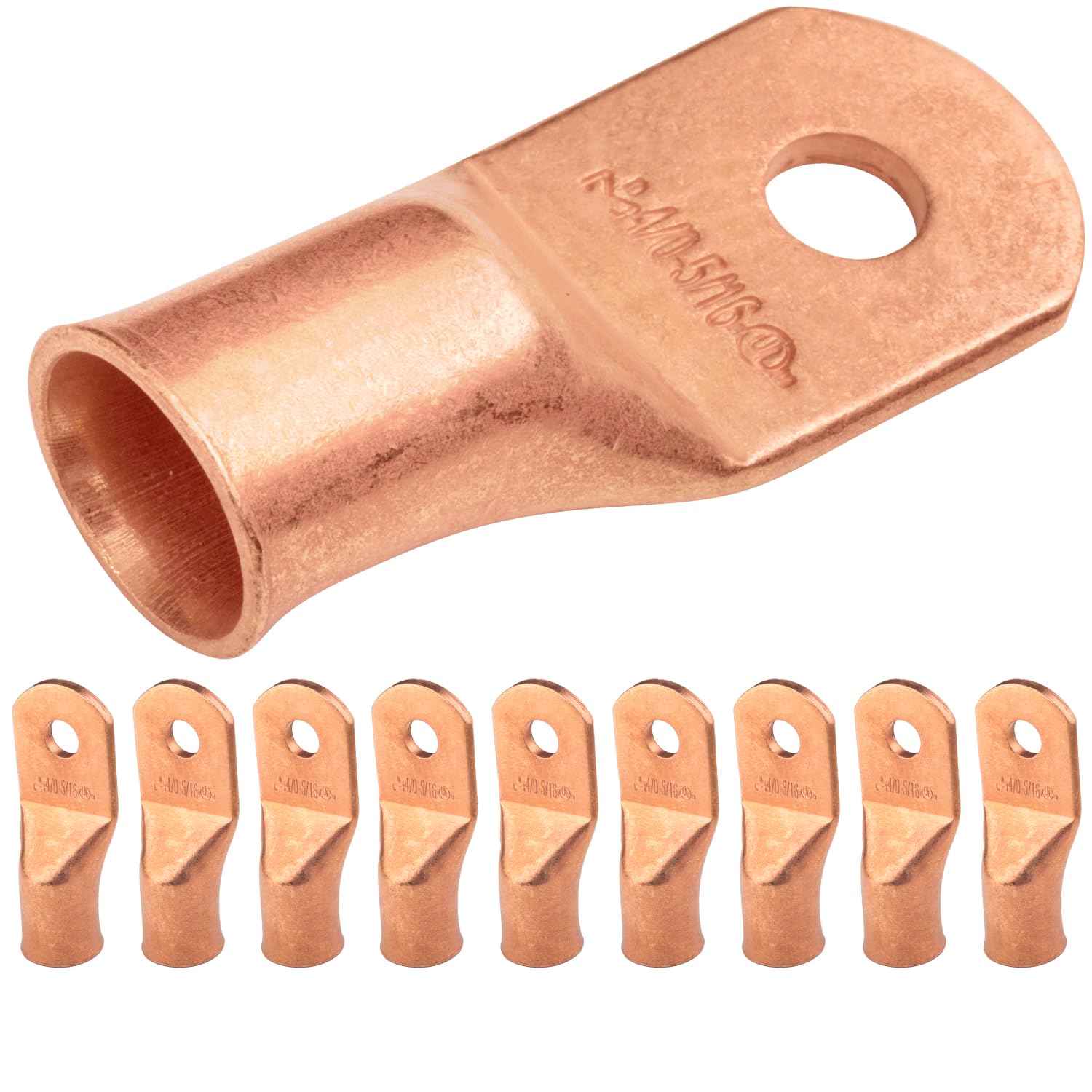 SELTERM 4/0 AWG (95 mm²) - 5/16" (M8) ⌀ Hole UL Heavy Duty Wire Lugs, Battery Cable Ends, Bare Copper Eyelets, Tubular Ring Terminal Connectors [B91] - 10 Pack
