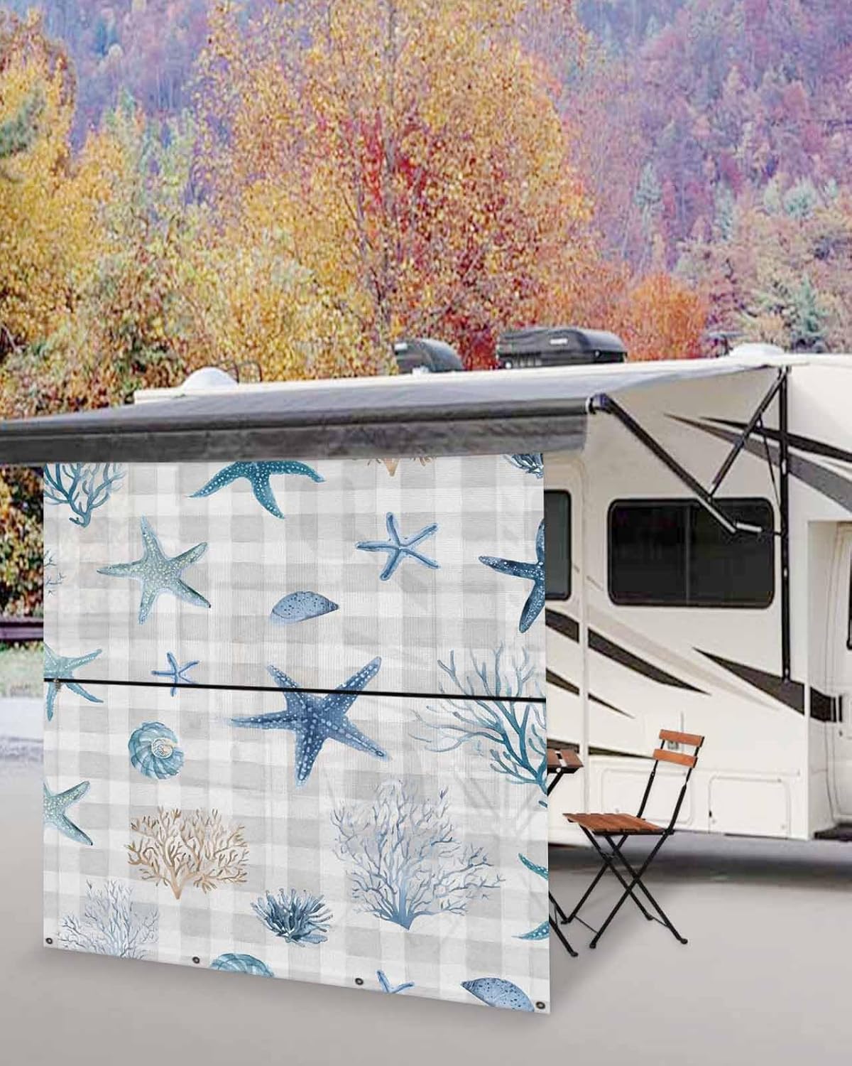 Oceans Animal RV Awning Sun Shade Screen with Zipper 9'x7' Summer Blue Starfish Seanut Coral Seagrass Gray Plaid Mesh Sunshade UV Blocker Awning Shade Complete Kits for Motorhome Camper Travel Canopy