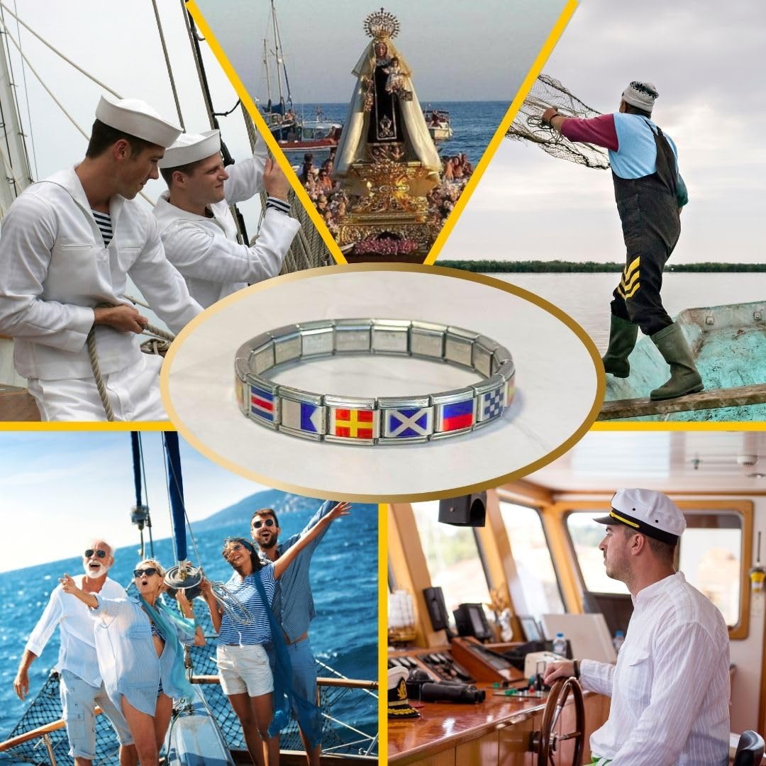 Feyma Pulsera nautica de Acero inoxidable - Banderas de España, con nombre de la Virgen del Carmen, Patrona de los Marineros, en banderas nauticas