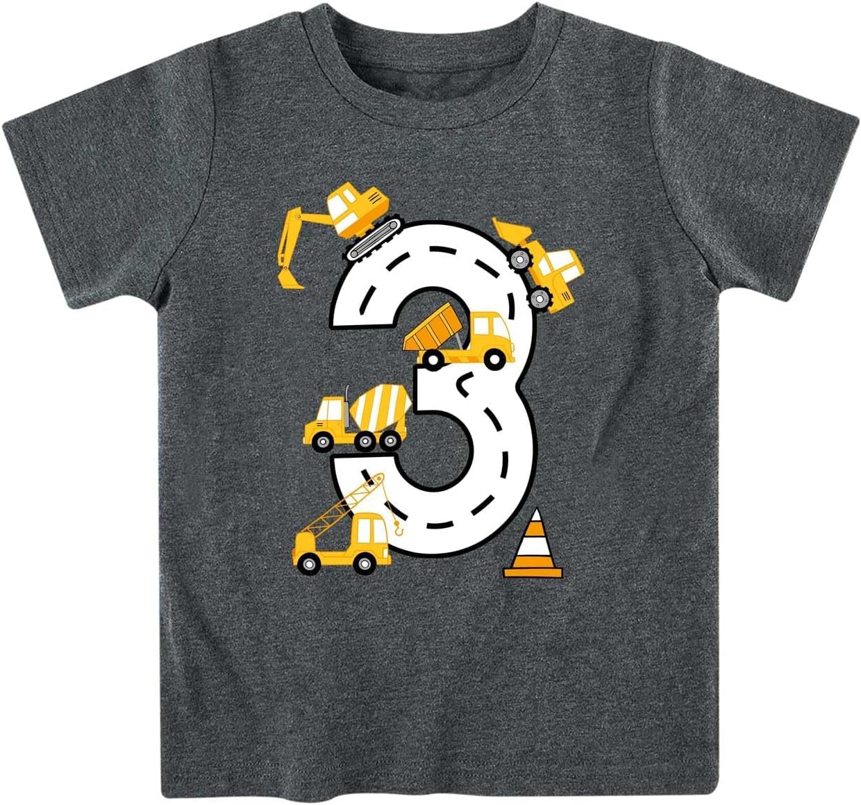 Lovekider 2-5 Years Birthday Boy Shirt Construction Party T-Shirts Excavator Cotton Short Sleeve Tee Dark Grey