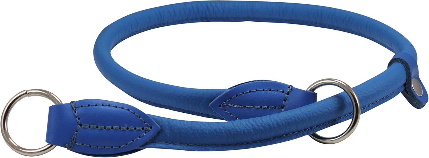 Round Genuine Rolled Leather Choke Dog Collar Blue (30" Long)