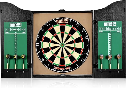 ONE80 All-in-One Dartgame Center with Self-Healing Sisal/Double-Sided Dartboard & Multifunctional Cabinet 6 Steeltip Darts and Mounting Kit Included
