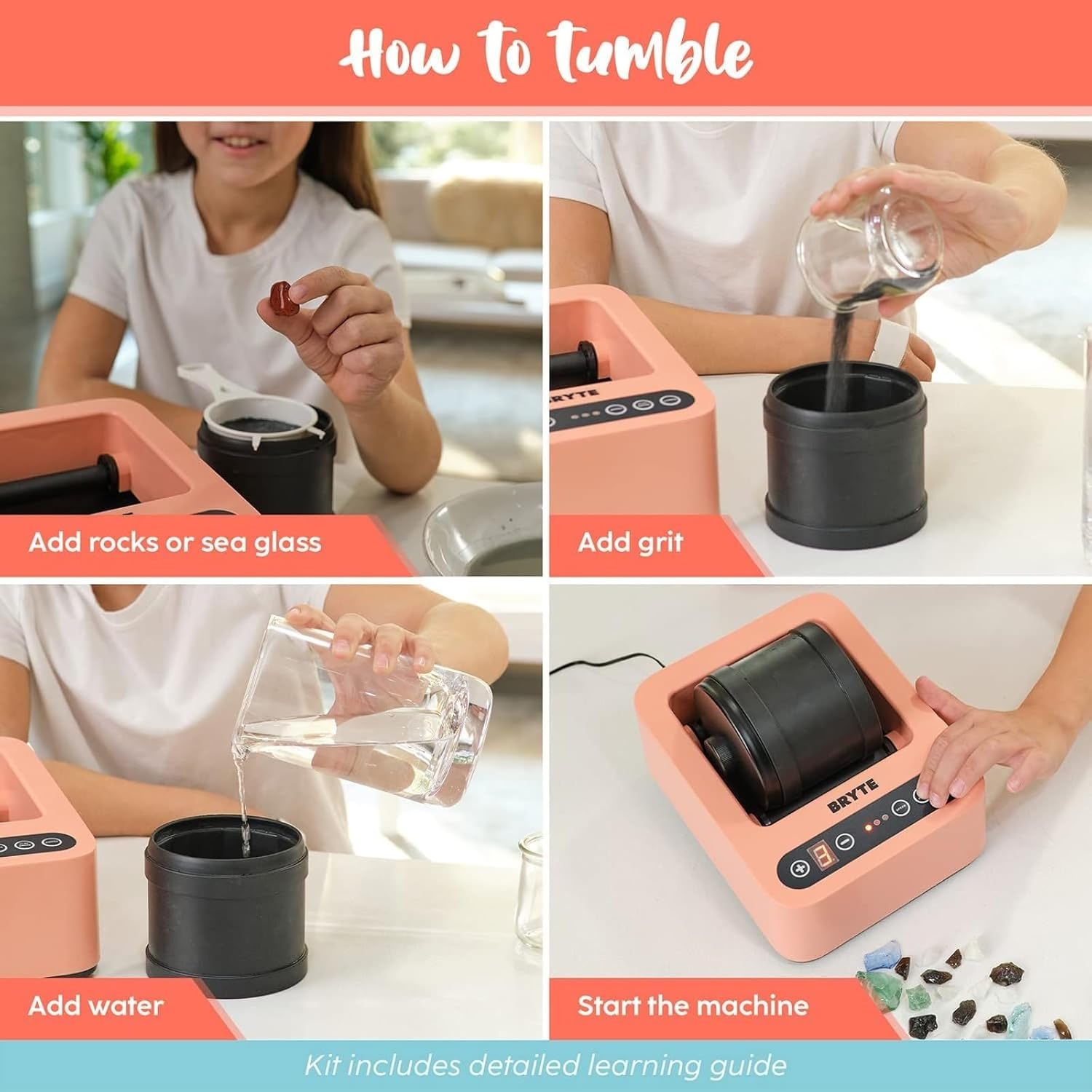 Steps for loading the rock tumbler: adding rocks, grit, water, and starting the machine.