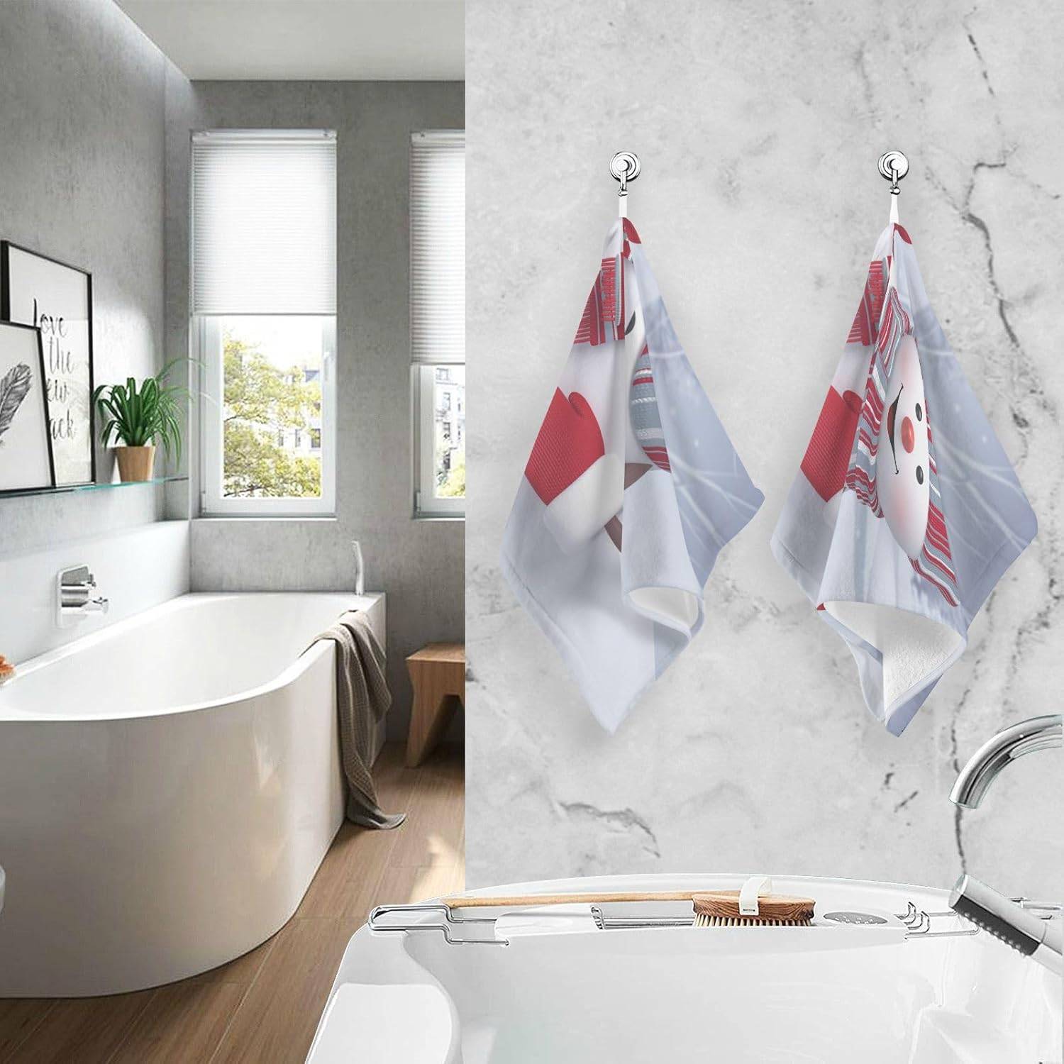 OTVEE Hand Towels 2 Pcs Funny Snowman Winter Landscape Christmas Cotton Towel 16x28 Inch Decor Fingertip Towels for Bathroom