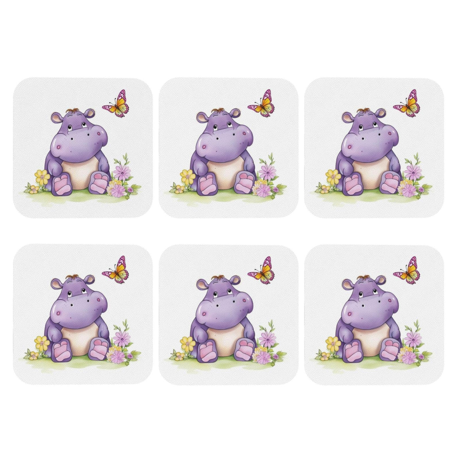 6pcs Leather Coasters for Drinks, Butterfly and Hippo Drink Coasters for Tabletop Protection, 4" Cup Coasters for Coffee Table Decor, Non-Slip Drinking Cup Mat for Hot Or Cold Drink